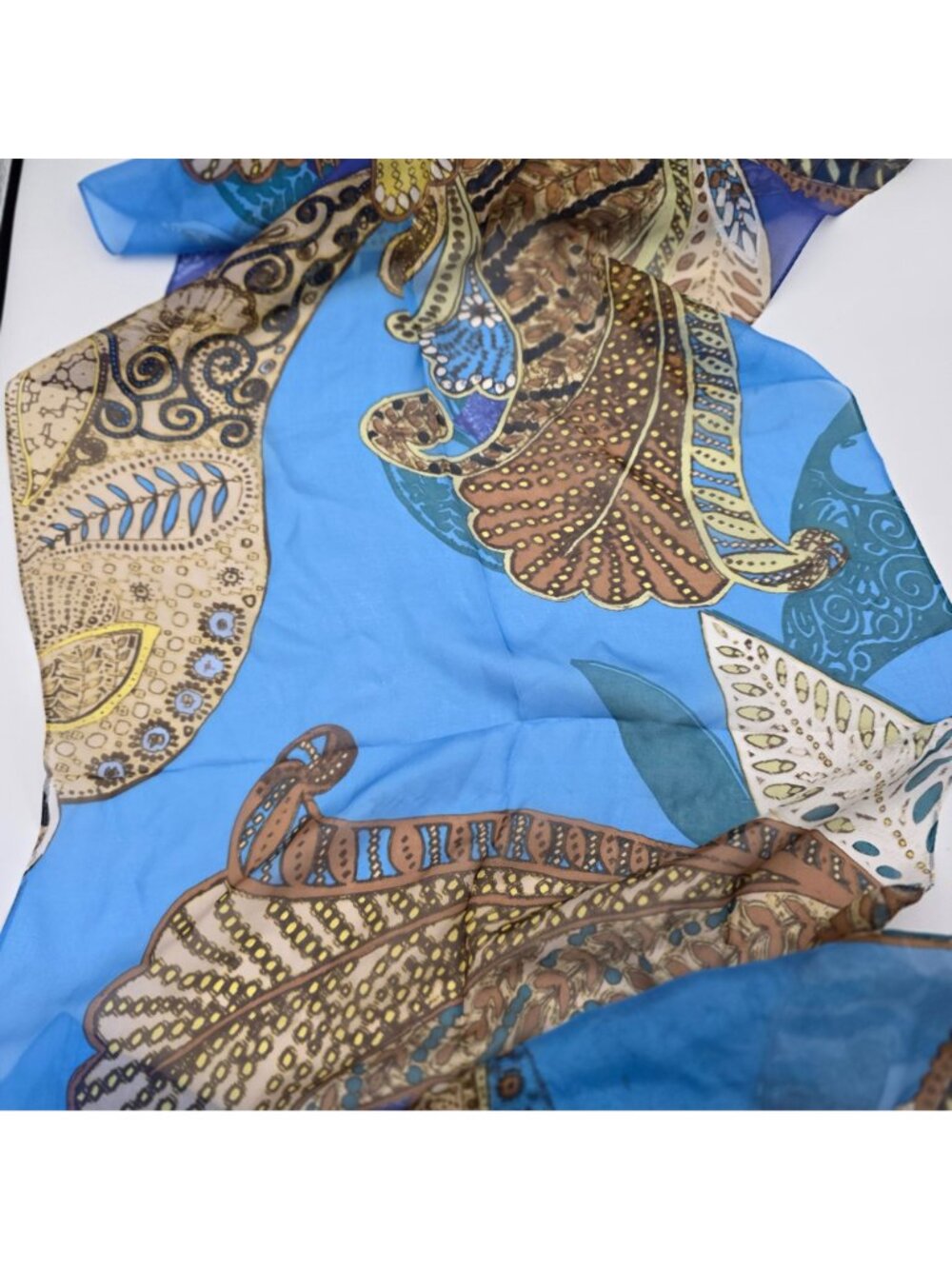Anne Klein Womens 100% Silk Scarf With Paisley & Floral Print In Blue Brown Gold - Picture 5 of 9